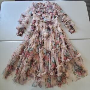 Untamed Petals Dress Womens XL Pink Floral Ruffle Long Sleeve Maxi Tulle Mesh